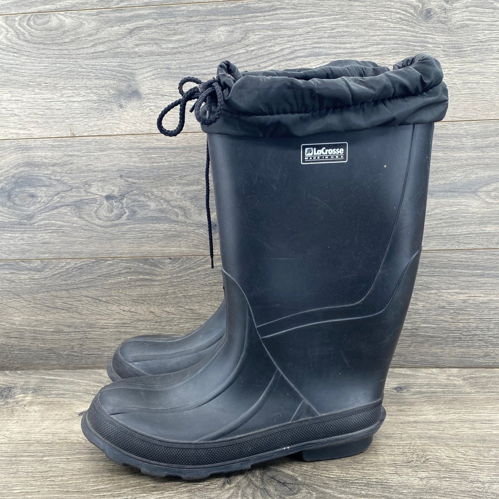 LaCrosse Rubber Rain Snow Boots Mens 8 Black Waterproof Drawstring Made in USA